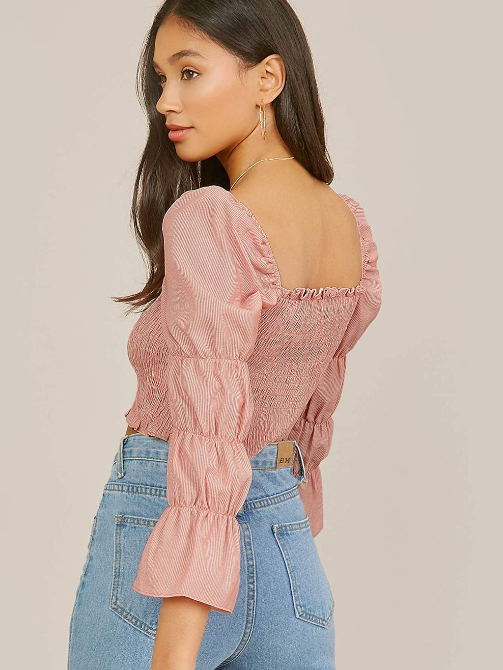 Women's elastic flat collar pleated blouse with puffed sleeves